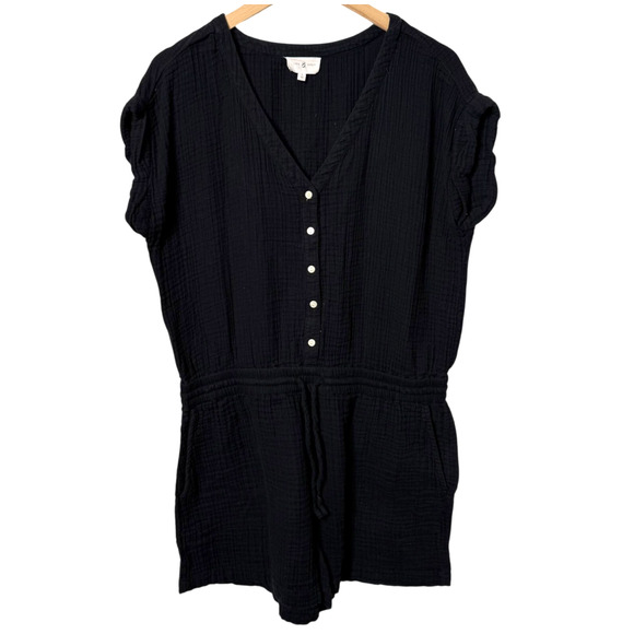 Lou & Grey Triple Cloth V Neck Romper Button Down Tie Waist Gauze Black Large - Picture 1 of 7